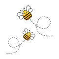 Bee character. Cute flying bees with dotted route. Vector cartoon insect illustration. Royalty Free Stock Photo